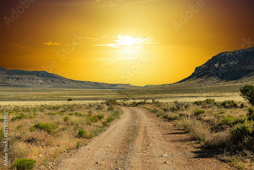 A dirt road stretching across a vast arid valley in northern Arizona into the setting sun with a clear blue sky.