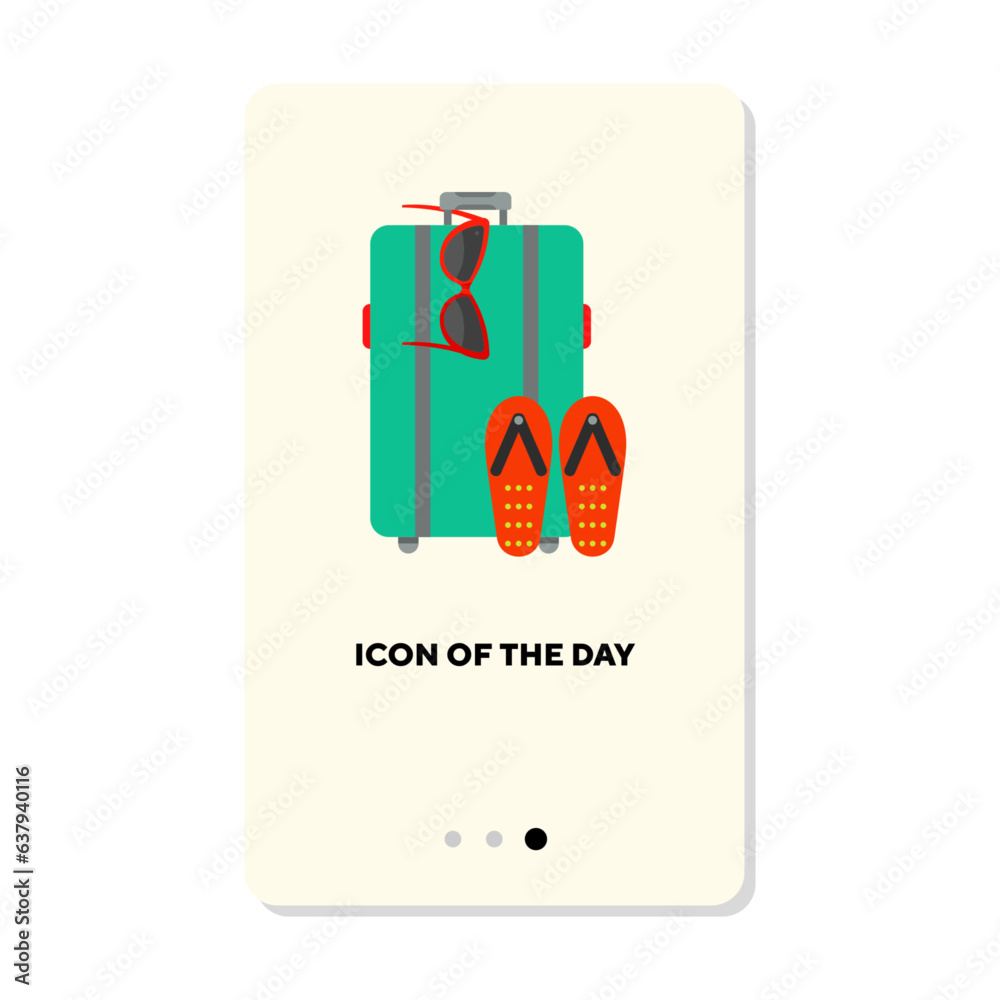 Green suitcase with sunglasses and flip flops flat icon. Vertical sign or vector illustration of isolated beach travel element. Summer vacation, traveling concept for web design and apps Green suitcase with sunglasses and flip flops flat icon. Vertical sign or vector illustration of isolated beach travel element. Summer vacation, traveling concept for web design and apps