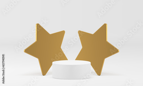 White 3d cylinder pedestal with golden star wall backdrop for luxury product presentation vector