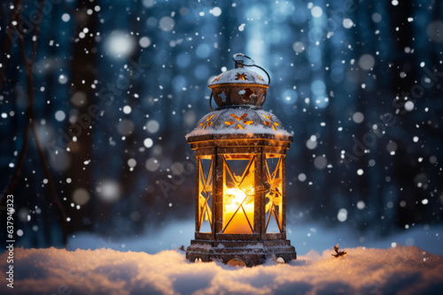 An old lantern that illuminates the forest road with winter snow. Event concept suitable for Christmas and snow scenery. © cwa