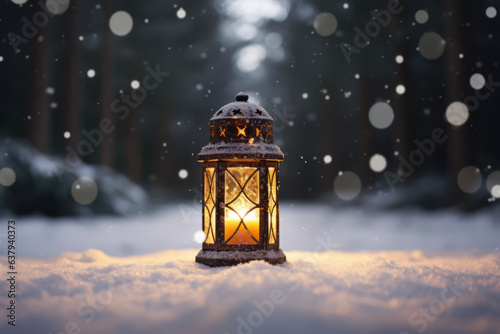 An old lantern that illuminates the forest road with winter snow. Event concept suitable for Christmas and snow scenery. © cwa