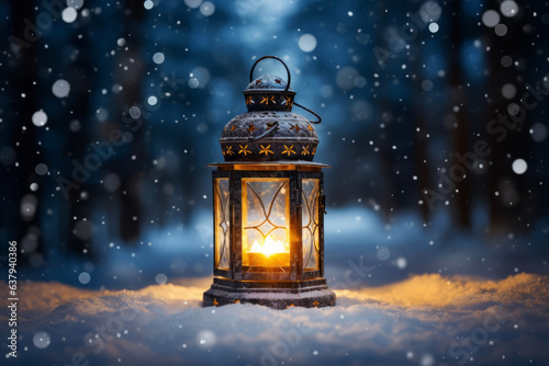 An old lantern that illuminates the forest road with winter snow. Event concept suitable for Christmas and snow scenery.