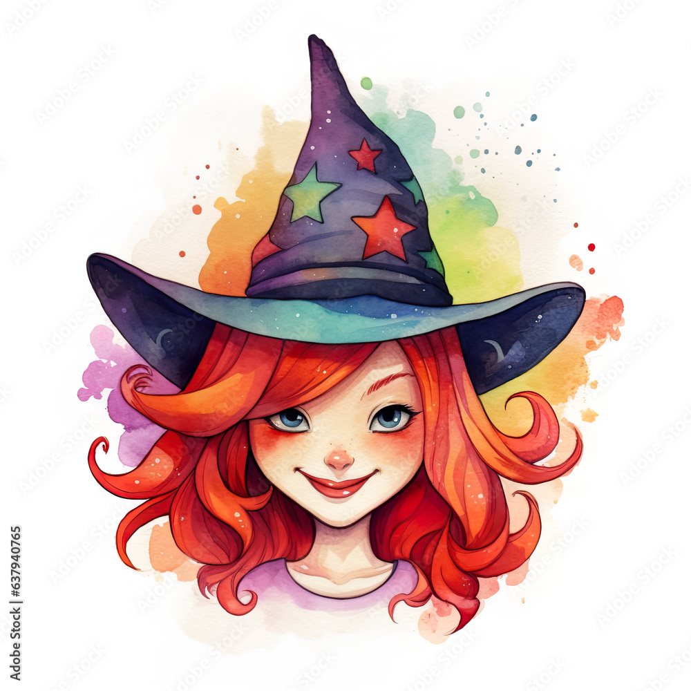 Smiling young witch with hat in watercolor-style for a successful Halloween celebration. Cute, colorful illustration of a smiling, enchanted witch.