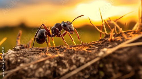 Animal wildlife photography ant with natural background in the sunset view, AI generated image