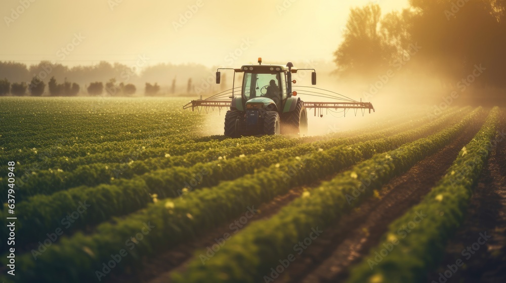 Obraz premium Spraying in the field with a tractor