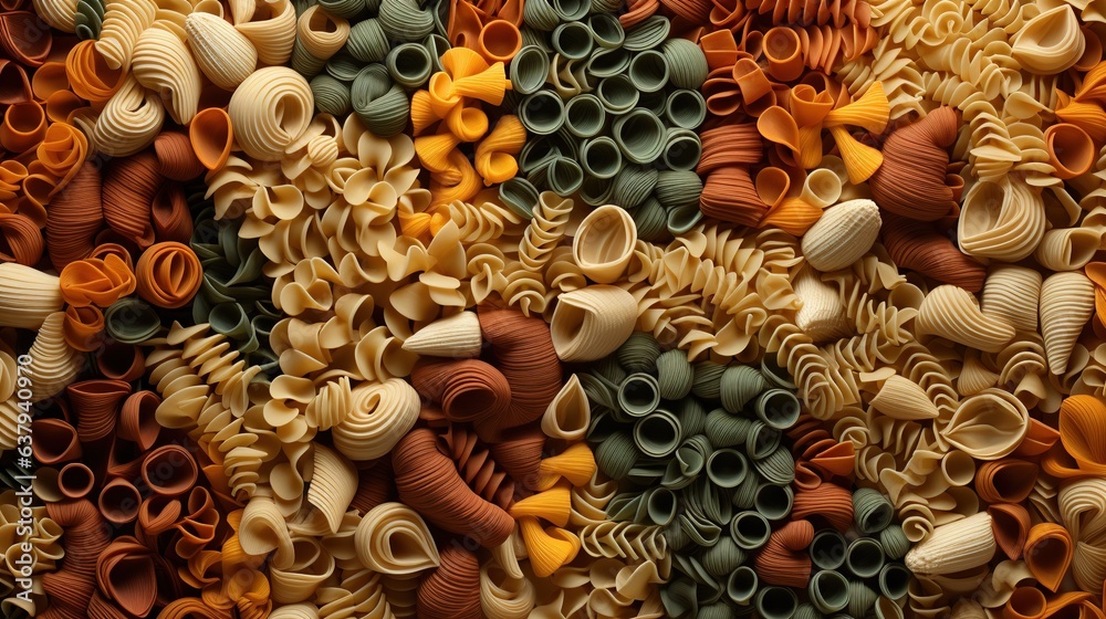 Generative AI, Variety of types, colors and shapes of Italian pasta, texture background - obrazy, fototapety, plakaty 