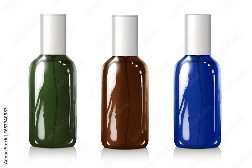 green,brown,blue shiny glass bottles isolated on the white background.vector illustration design element.use for medicine and beauty products. green,brown,blue shiny glass bottles isolated on the white background.vector illustration design element.use for medicine and beauty products.