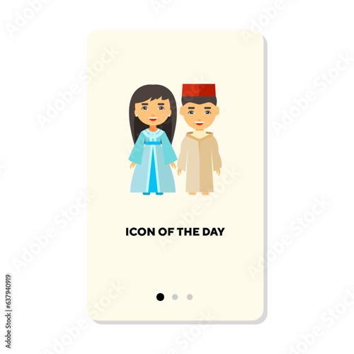 Couple in moroccan national costumes flat icon. Moroccan isolated vector sign. Clothes and tradition concept. Vector illustration symbol elements for web design and apps