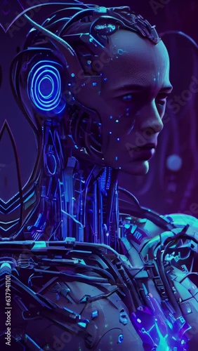Robot face artificial intelligence in motion with blue light effected. for mobile application background. 9:16 4K vdo.