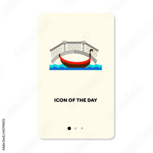 Gondola in Venice canal near bridge flat icon. Vertical sign or vector illustration of place for trip, vacation or holiday. Sightseeing, tourism, architecture concept for web design and apps
