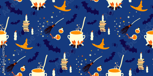 Halloween background, pattern design with witch elements. Magical, witchy powers concept design. witch craft icons broom, cauldron, spiders, magic books, potions,  candle, fire, hat