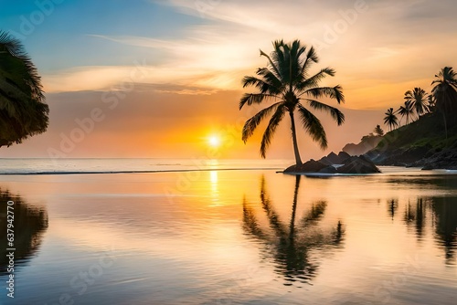 Scenic view of palm tree with sea at sunset © Pretty Panda