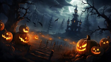 Halloween background with pumpkins and castle, 3d render illustration	