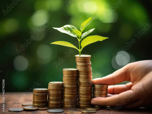 A hand puts coins in a stack with a plant growing on money