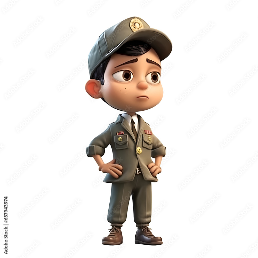3D Render of Little Boy with Army cap and uniform on white background 3D Render of Little Boy with Army cap and uniform on white background