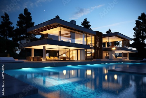 Modern house with Swimming pool. Luxury mansion house. Modern minimalist villa.