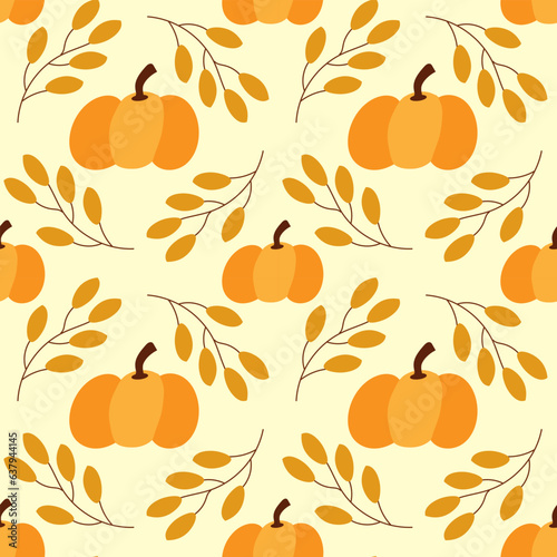 Pumpkin seamless pattern with branches leaves. Autumn design for fabric, texture, wallpaper, poster, postcard. Vector flat illustration.