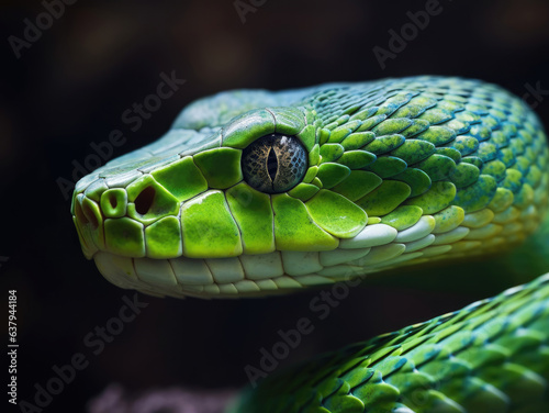 Green viper snake close up view