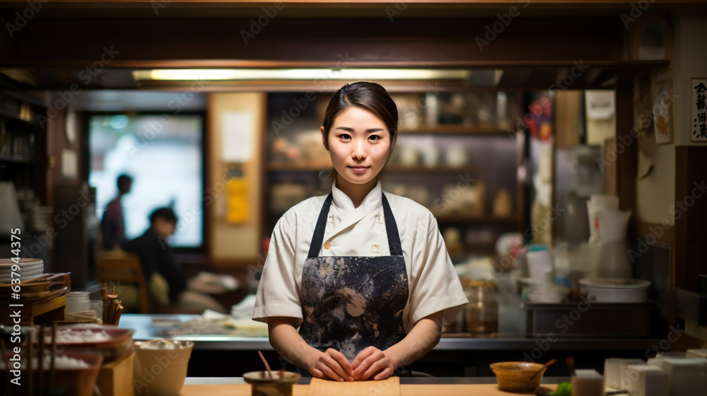 Fototapeta premium Japanese Chef Cook, female, restaurant in background