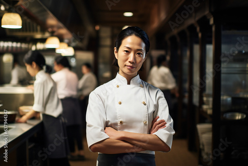 Female Chef  standing in kitchen of Restaurant