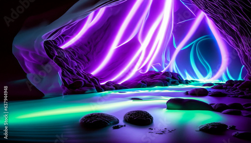 glowing river in a cave , purple or green light, clean lines