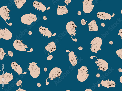 Pattern in the form of a cat on a dark blue background. A pattern of cats in different poses on a dark blue background. Vector graphics. Illustration EPS 10