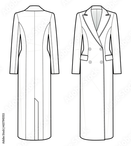 Classic Double-Breasted coat fashion flat technical drawing template. Double-Breasted coat vector template illustration. front and back view. white colour. CAD mockup.