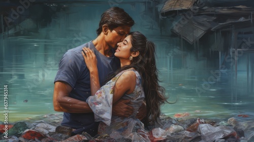 Indian couple are in love, in the city full of garbage. Beautiful illustration picture. Generative AI photo