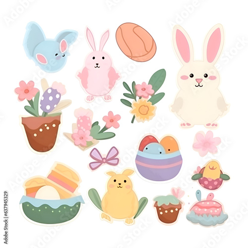 Cute Easter bunnies,eggs and flowers. Vector illustration