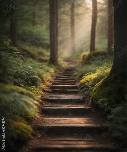 A path in the forest with wooden steps #637945574