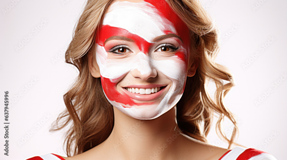 Face of young happy woman painted with flag of Poland or Austria. Football or soccer team fan, sport event, faceart and patriotism concept. Studio shot at gray background, copy space