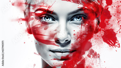Face of young happy woman painted with flag of Poland or Austria. Football or soccer team fan, sport event, faceart and patriotism concept. Studio shot at gray background, copy space