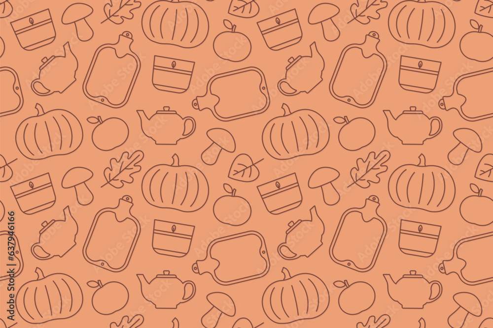 seamless cosy autumn pattern with hot water bottle, apple, leaves, tea kettle, mushroom, burning cande and pumpkin icons; great for wallpaper, greeting card, textile- vector illustration