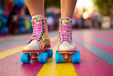Close-up of a woman's legs playing sports on pink and colorful roller skates. recreation concept for holidays and vacations.