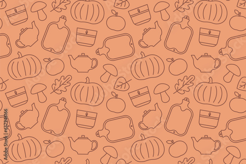 seamless cosy autumn pattern with hot water bottle, apple, leaves, tea kettle, mushroom, burning cande and pumpkin icons; great for wallpaper, greeting card, textile- vector illustration