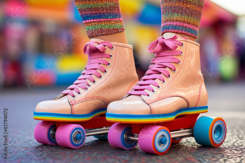 Close-up of a woman's legs playing sports on pink and colorful roller skates. recreation concept for holidays and vacations.