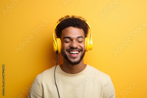 Man in headphones, enjoying music, against yellow wall. Beautiful illustration picture. Generative AI