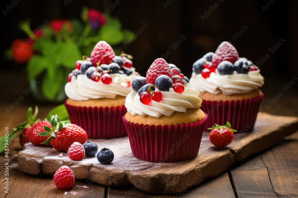 Vanilla Cupcake with cream decorated with berries and powdered sugar