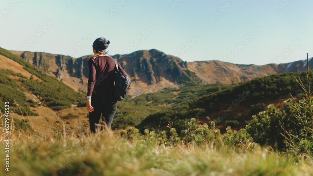 Tourist woman hike trekking trail in autumn mountains. Girl with backpack walking highland meadow in sunset light. Travel, tourism, hiking, freedom and active lifestyle concept. Slow motion, back view