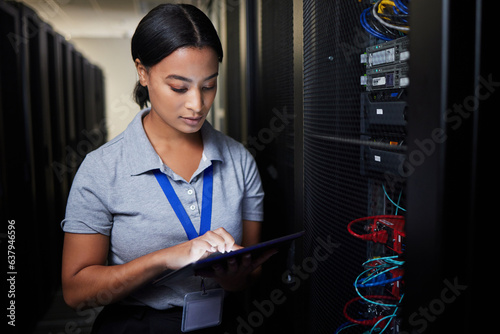 Fototapet Woman, tablet and server room, programming or coding for cybersecurity, information technology or data protection backup