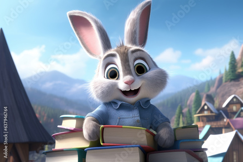 The hare is standing in the library with books