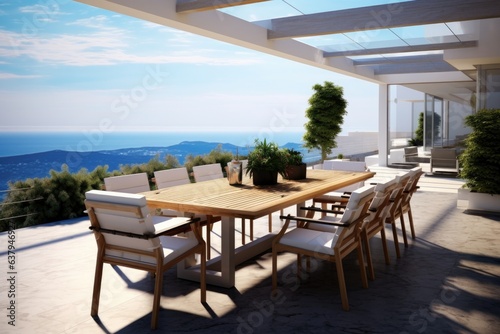 The terrace of a modern house and hotel. Luxury outdoor dining table with chairs © Julia Jones