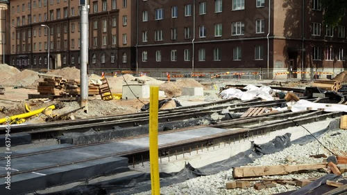 City road and tram rails repair works and building materials in the urban area.