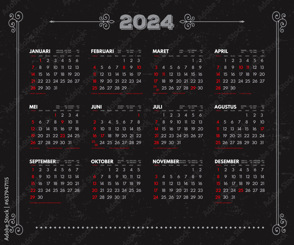 Template design Indonesian vintage calendar 2024. Indonesia Kalender
