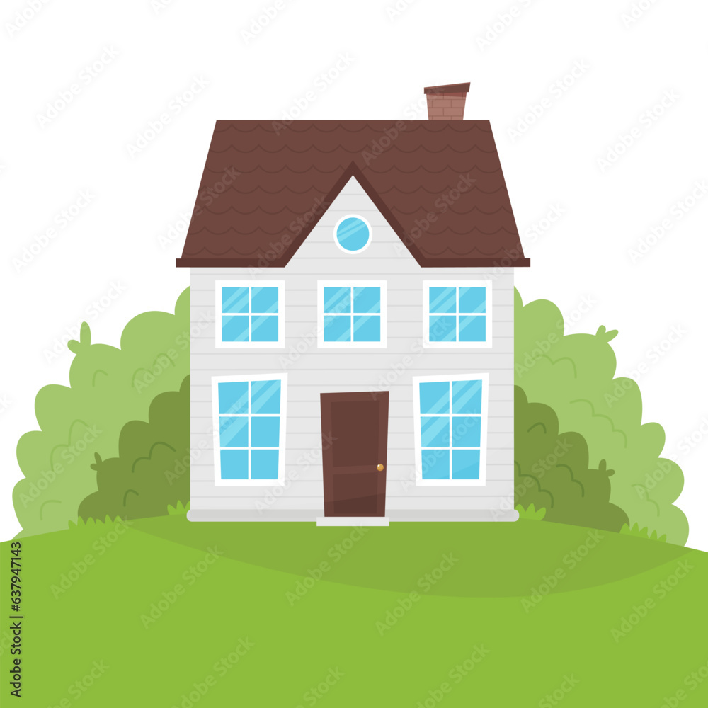 Cartoon-style house against the background of green trees