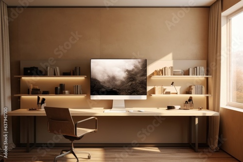 Modern interior of the room with a desk and monitor in Scandinavian style
