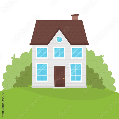 Cartoon-style house against the background of green trees