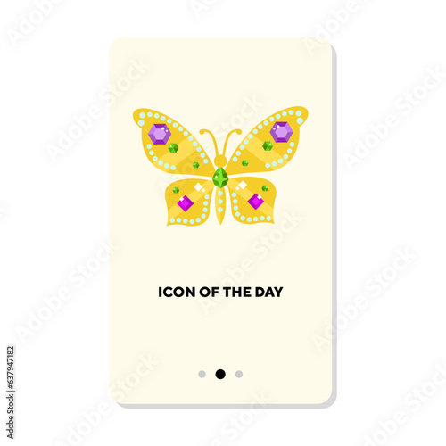 Golden butterfly brooch with gemstones on white background. Jewelry cartoon illustration. Fashion and bijouterie concept. Vector illustration symbol elements for web design and apps