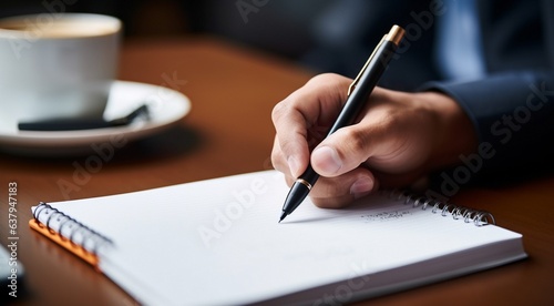 close-up of business person writing on a notebook, business persons working table