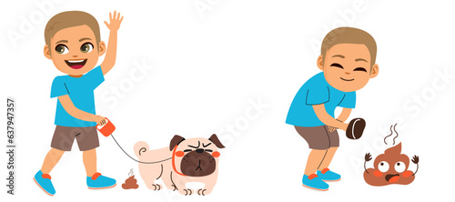 Vector illustration of boy walking with dog while defecating and then cleaning feces. Concept of keeping clean your city. Taking care of your pet